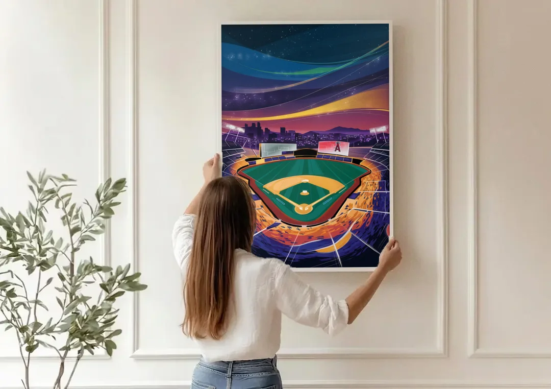 Anaheim Stadium Nights canvas wall art being hung on a paneled wall