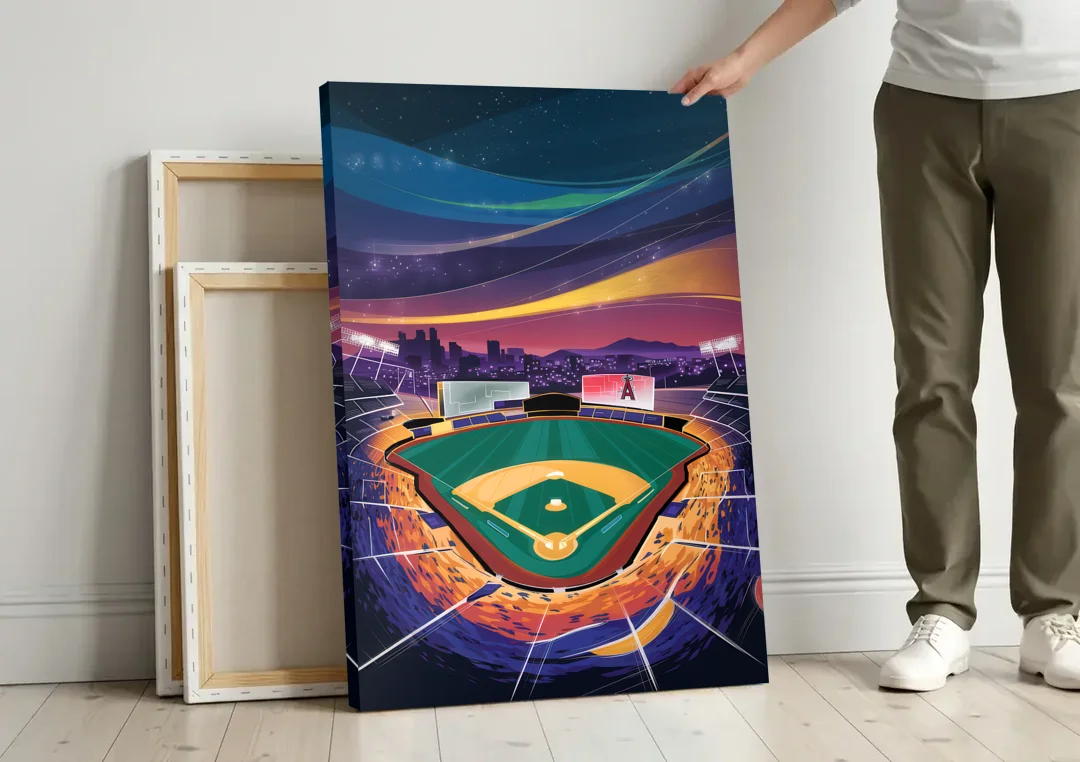 Anaheim Stadium Nights canvas wall art leaning against a wall next to blank canvases