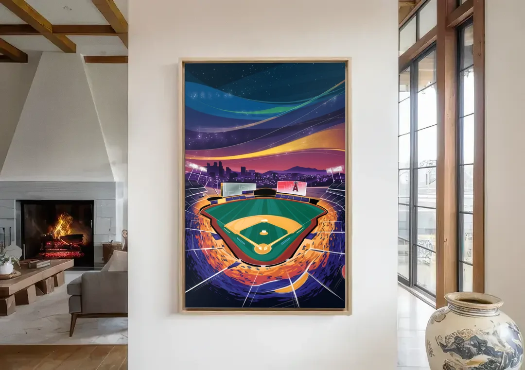 Anaheim Stadium Nights canvas wall art in a living room with a fireplace