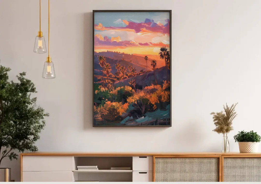 Anaheim Sunset Views canvas wall art above a wooden sideboard under pendant lights