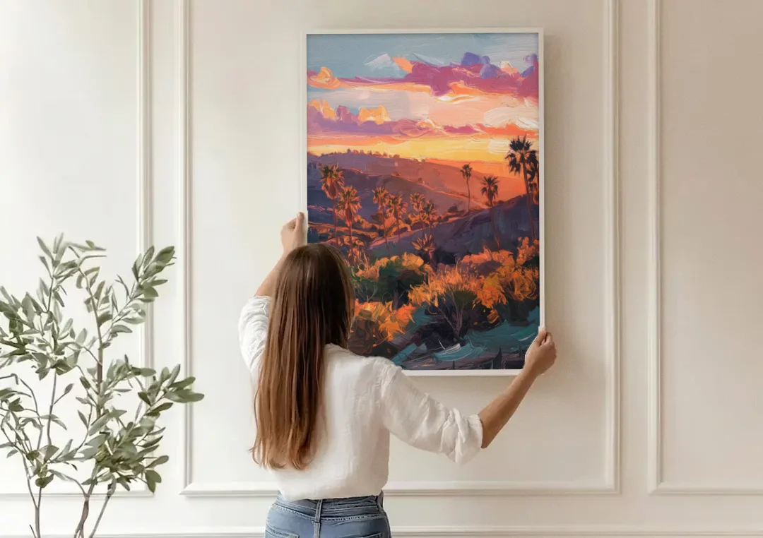 Anaheim Sunset Views canvas wall art being hung on a paneled wall