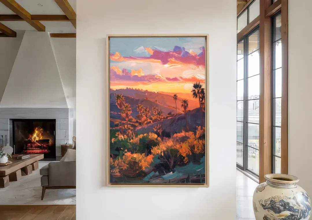 Anaheim Sunset Views canvas wall art in a living room with a fireplace