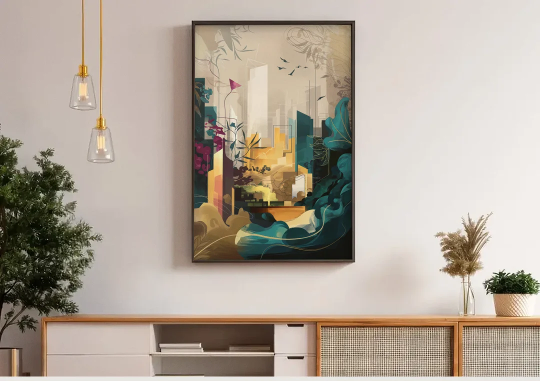 Anaheim Urban Charm canvas wall art above a wooden sideboard under pendant lights
