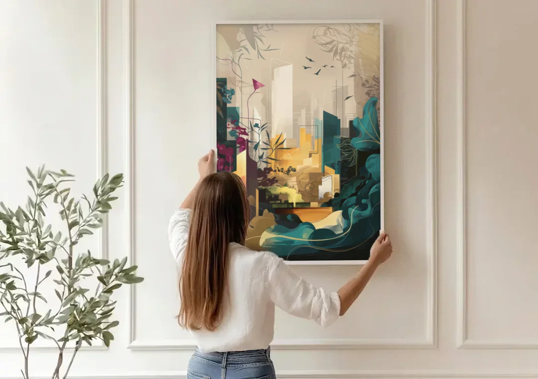 Anaheim Urban Charm canvas wall art being hung on a paneled wall