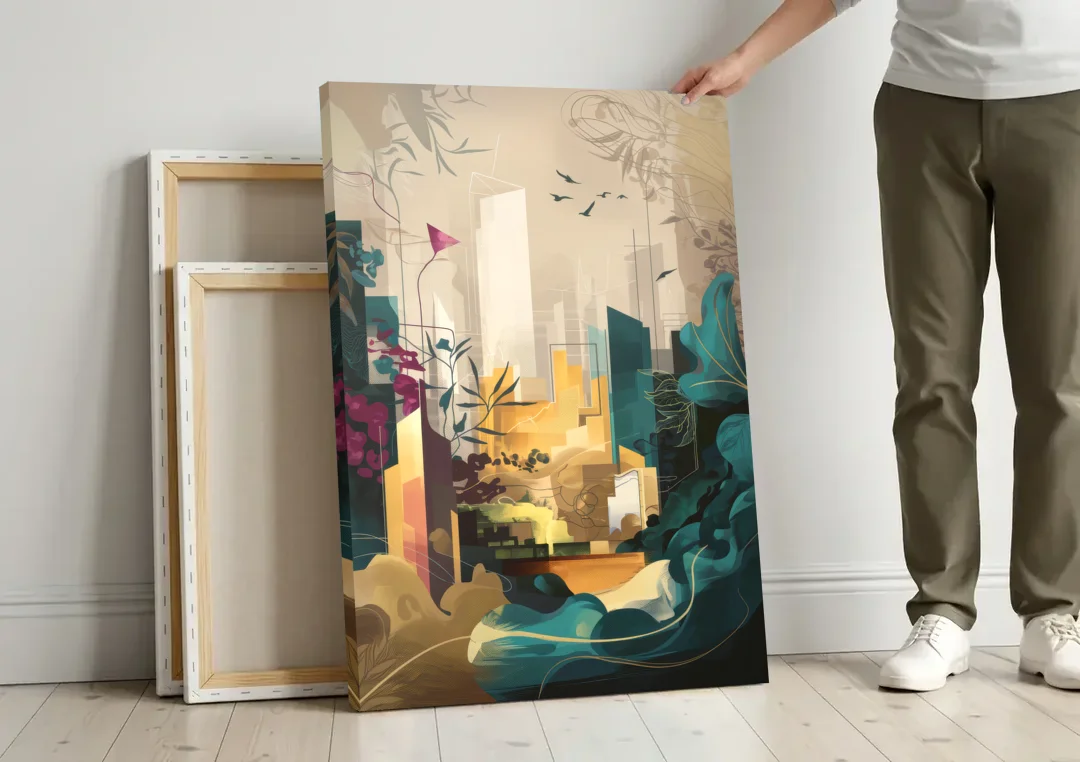 Anaheim Urban Charm canvas wall art leaning against a wall next to blank canvases