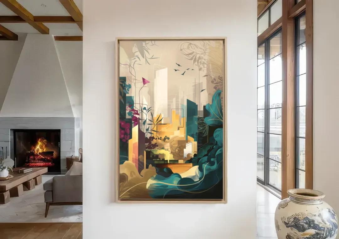 Anaheim Urban Charm canvas wall art in a living room with a fireplace