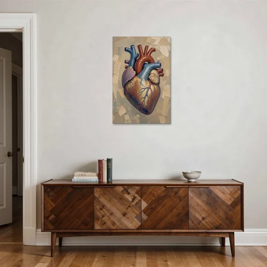 Anatomical Heart Painting in Blue and Gold - Canvas Wall Art - Coffee Table - 24x36