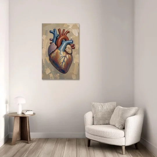 Anatomical Heart Painting in Blue and Gold - Canvas Wall Art - Sofa - 24x36