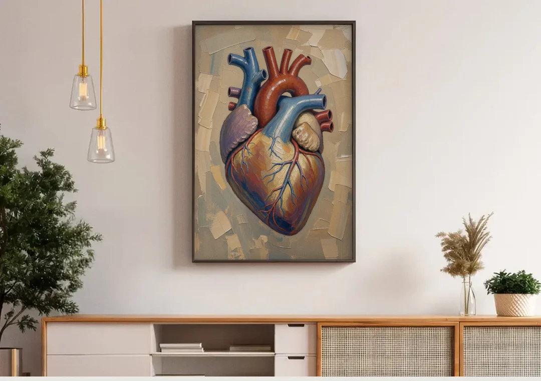 Anatomical Heart Painting in Blue and Gold canvas wall art above a wooden sideboard under pendant lights