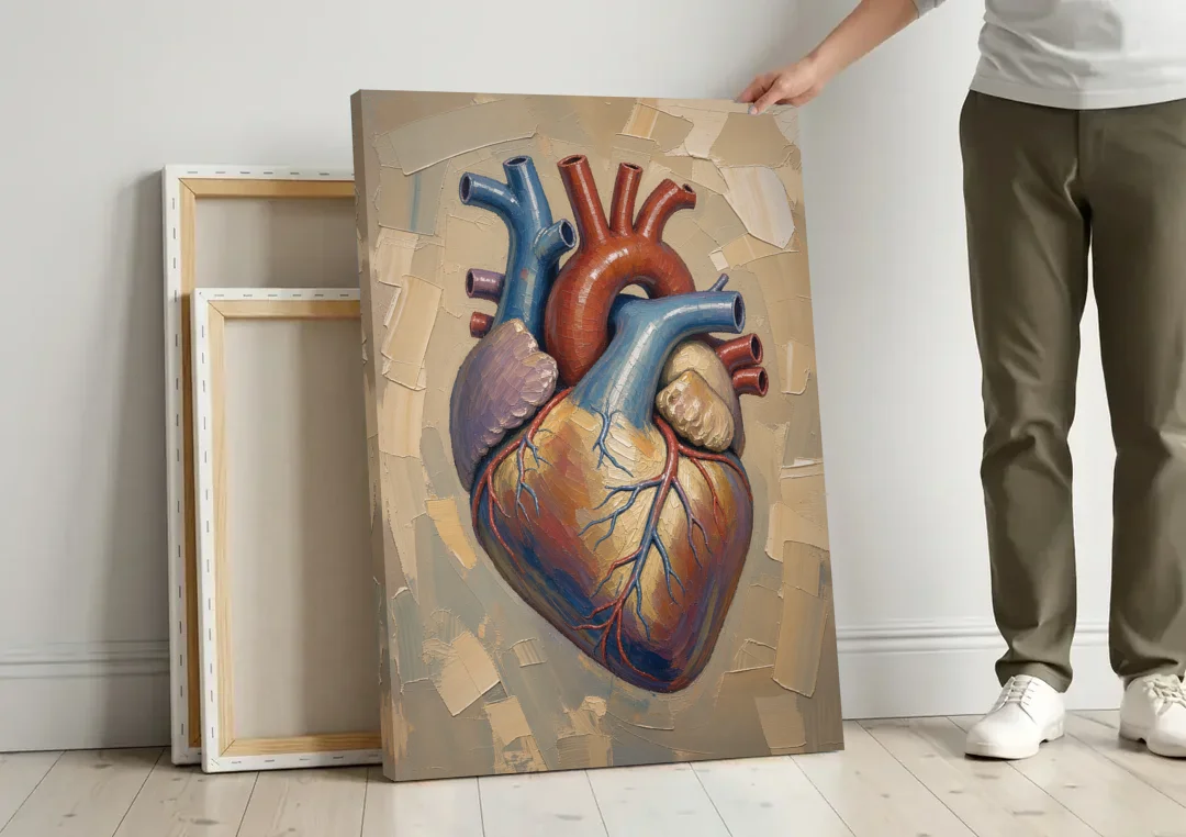 Anatomical Heart Painting in Blue and Gold canvas wall art leaning against a wall next to blank canvases