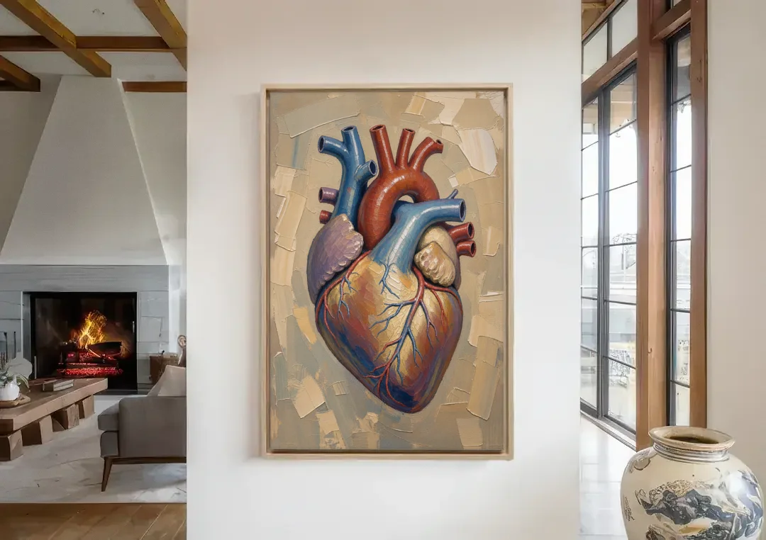 Anatomical Heart Painting in Blue and Gold canvas wall art in a living room with a fireplace