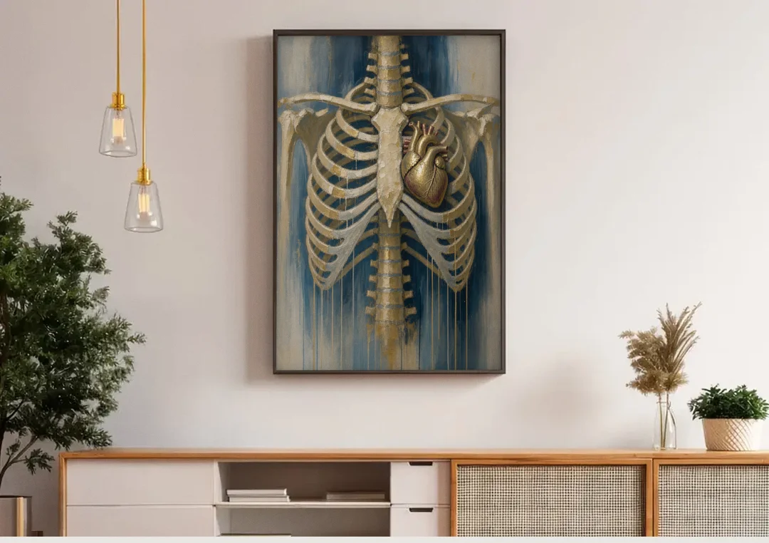 Anatomical Wall Art with a Gilded Heart Within canvas wall art above a wooden sideboard under pendant lights