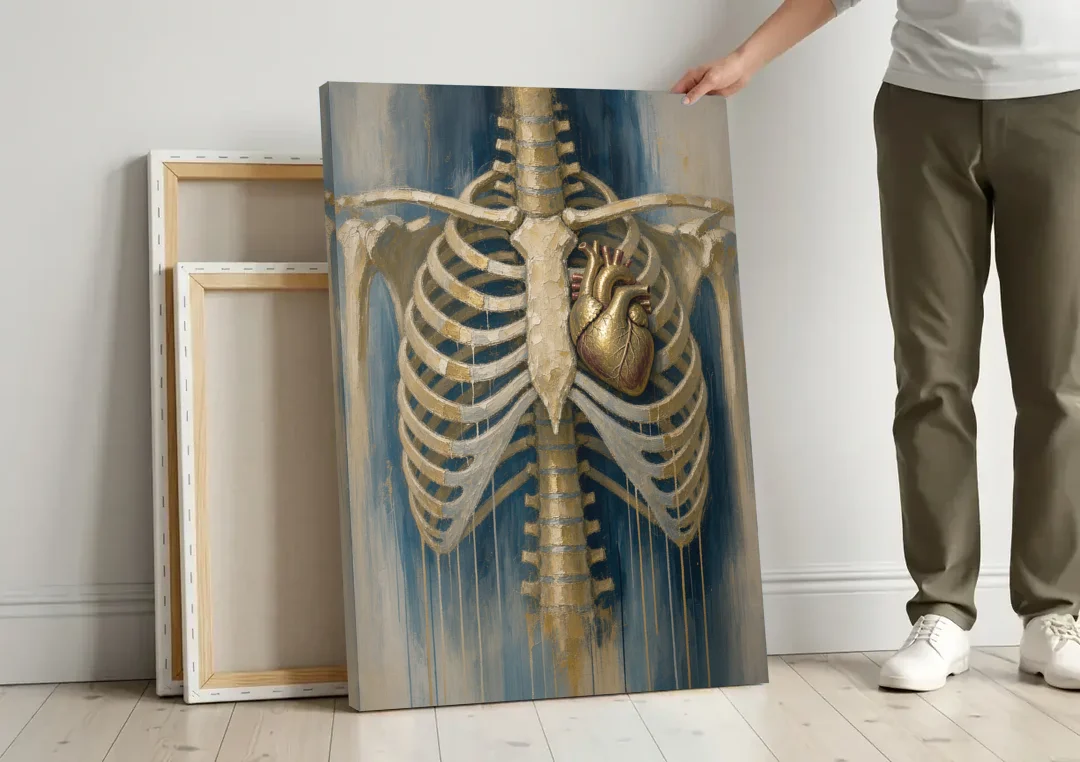 Anatomical Wall Art with a Gilded Heart Within canvas wall art leaning against a wall next to blank canvases