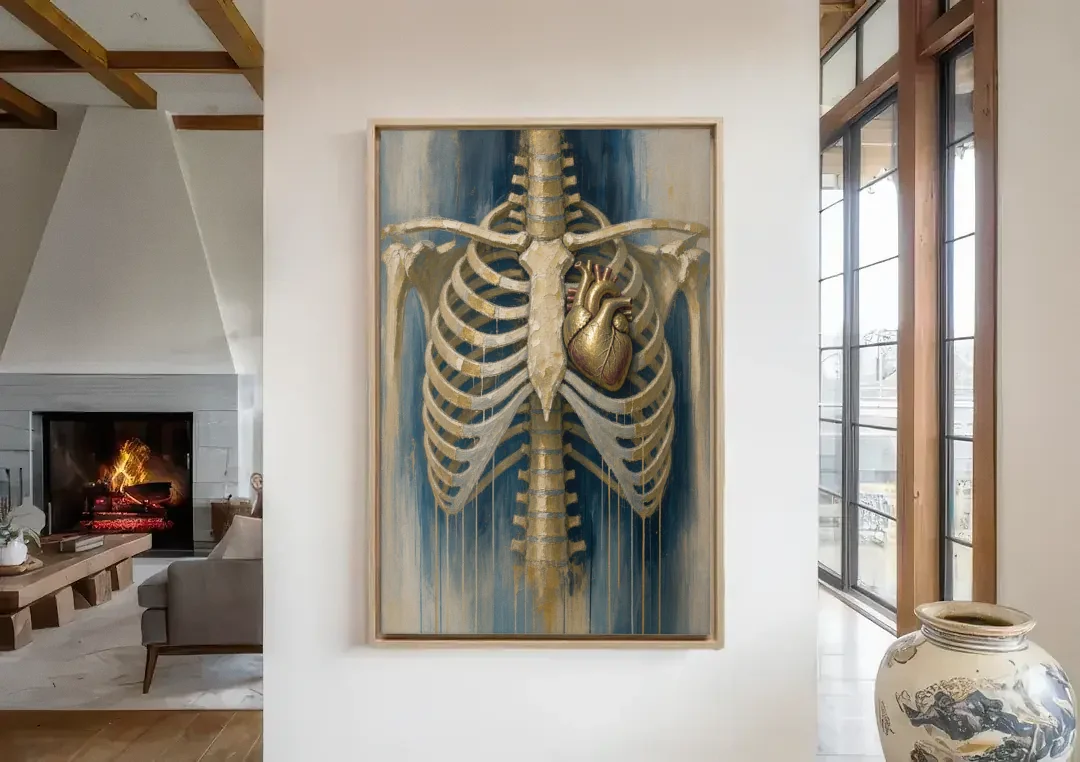Anatomical Wall Art with a Gilded Heart Within canvas wall art in a living room with a fireplace