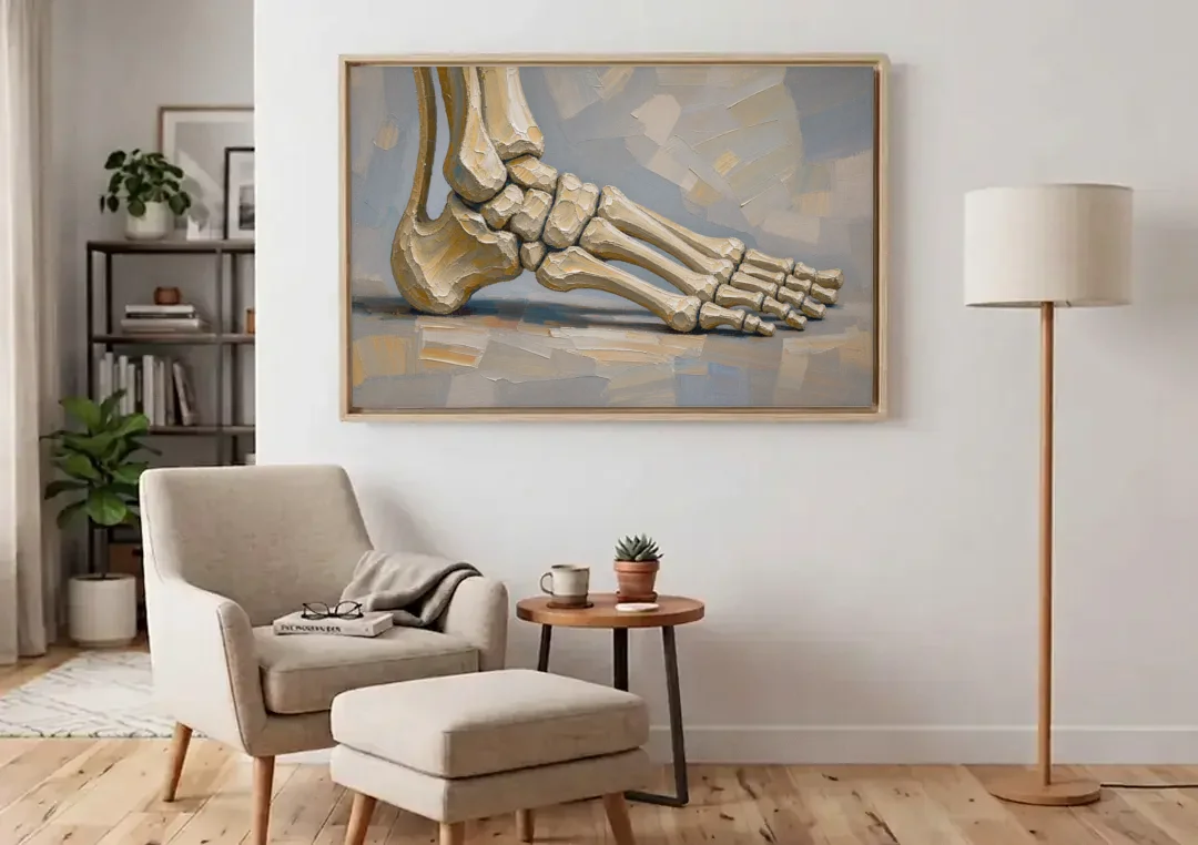 Anatomy Wall Art of the Arching Foot canvas wall art above an armchair in a bright living room