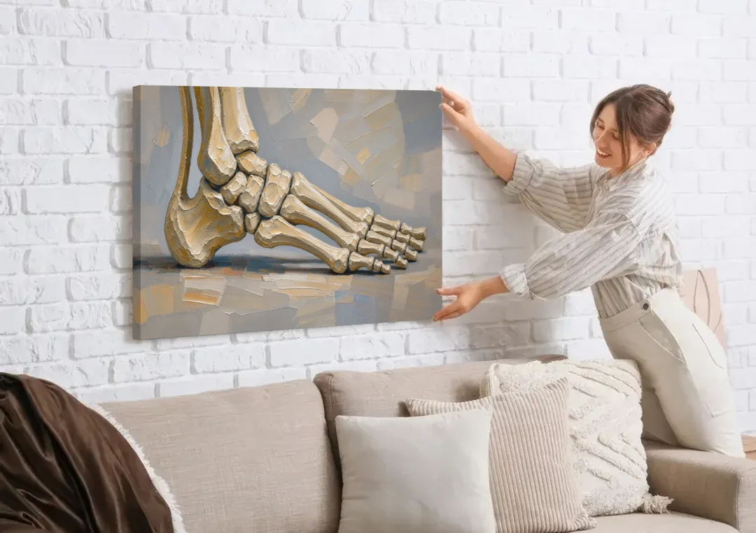 Anatomy Wall Art of the Arching Foot canvas wall art being hung on a white brick wall above a sofa