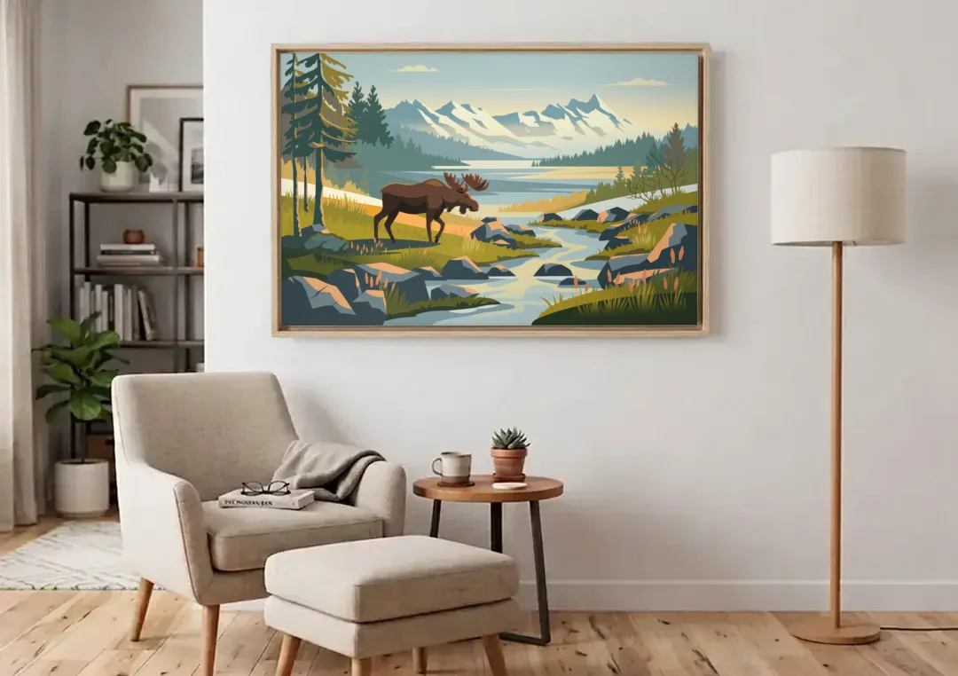 Anchorage Alaskan Wilderness canvas wall art above an armchair in a bright living room