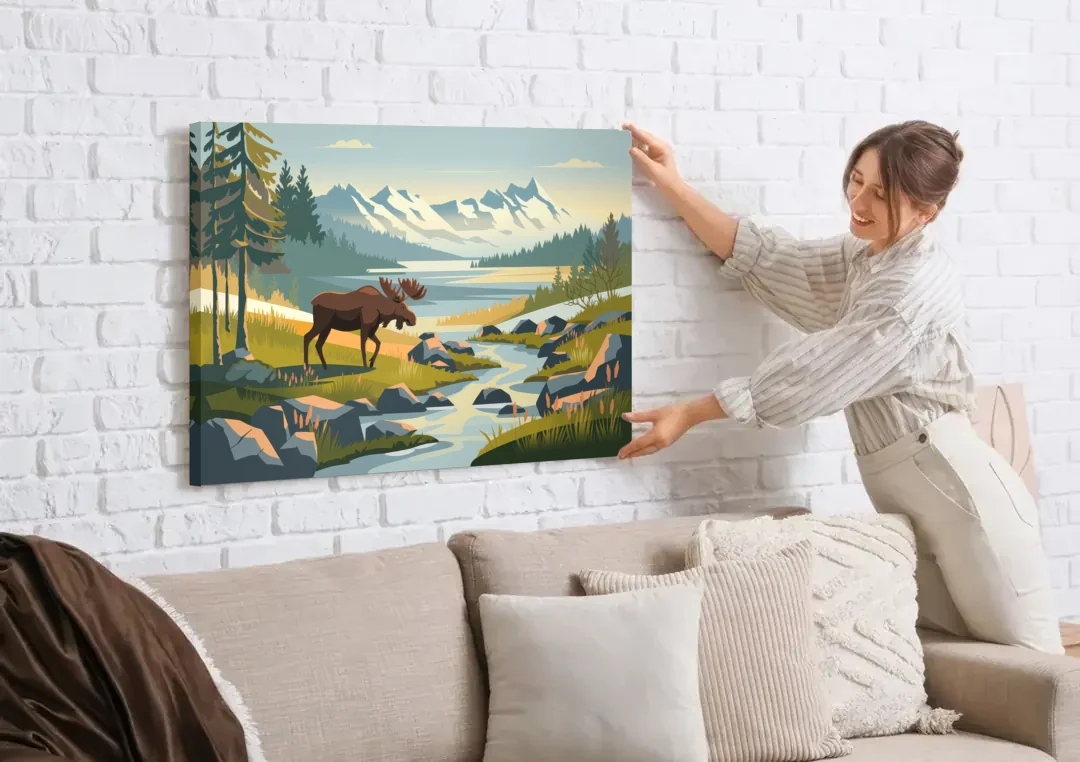 Anchorage Alaskan Wilderness canvas wall art being hung on a white brick wall above a sofa
