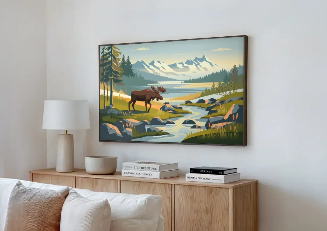 Anchorage Alaskan Wilderness canvas wall art above a wooden sideboard next to a sofa
