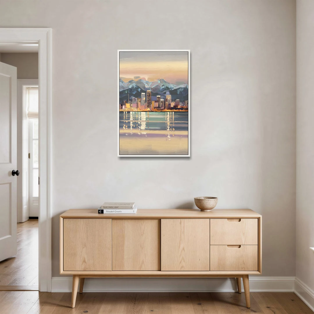 Anchorage Cityscape Reflection - White Framed Canvas Wall Art - Coffee Table - 24x36