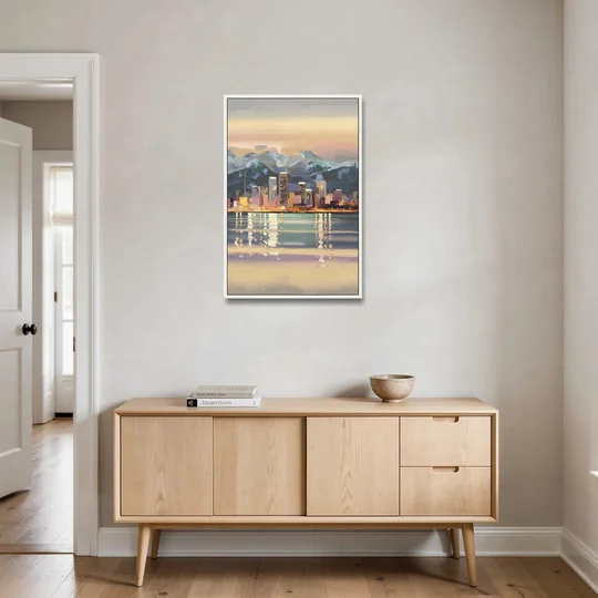 Anchorage Cityscape Reflection - White Framed Canvas Wall Art - Coffee Table - 24x36