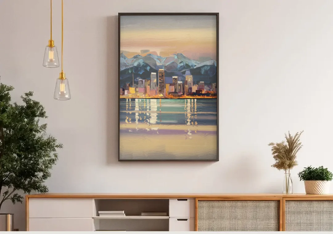 Anchorage Cityscape Reflection canvas wall art above a wooden sideboard under pendant lights
