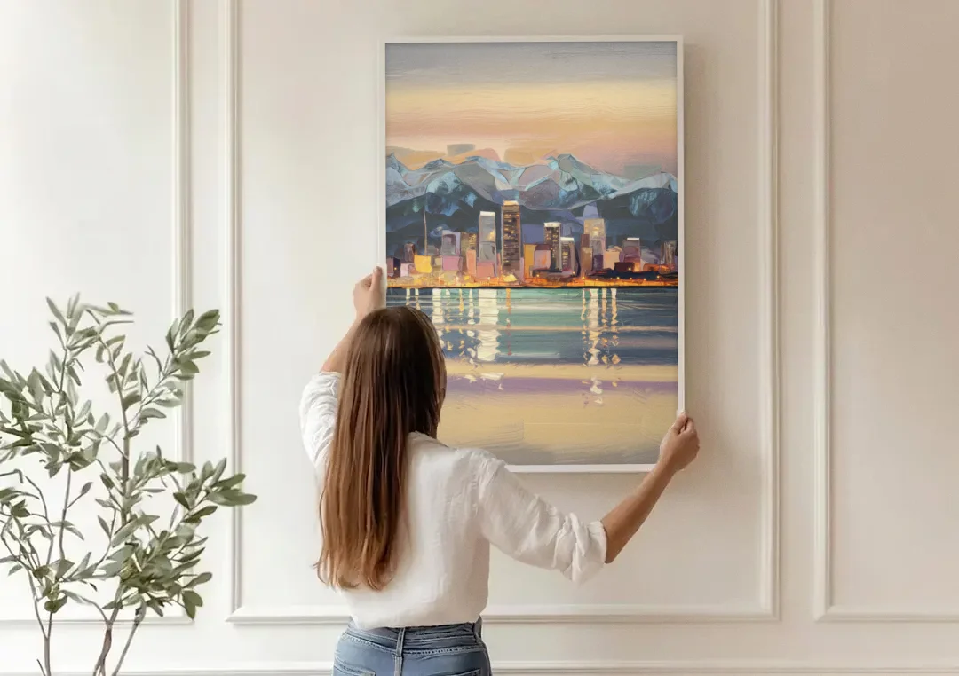 Anchorage Cityscape Reflection canvas wall art being hung on a paneled wall