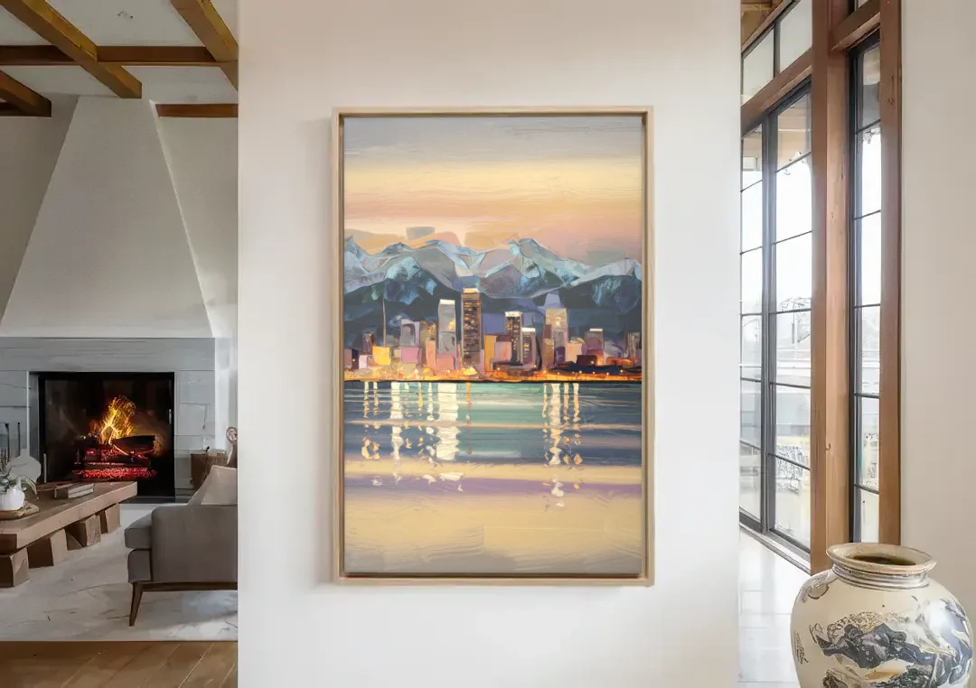 Anchorage Cityscape Reflection canvas wall art in a living room with a fireplace