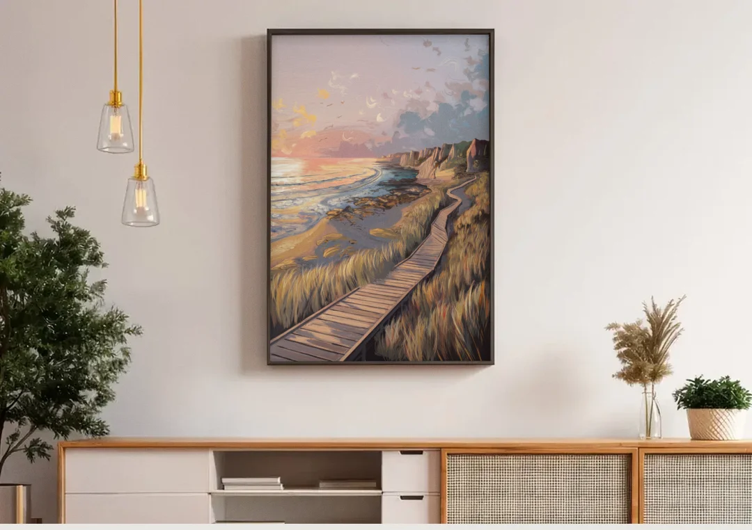 Anchorage Coastal Landscape canvas wall art above a wooden sideboard under pendant lights