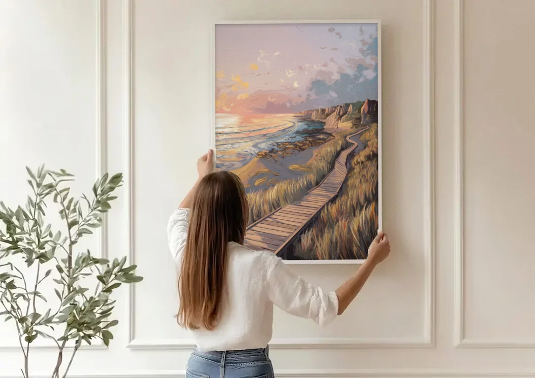 Anchorage Coastal Landscape canvas wall art being hung on a paneled wall