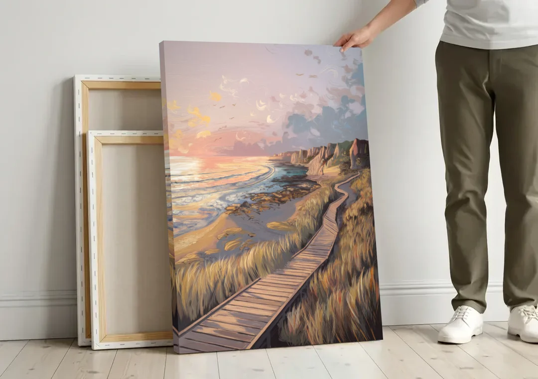 Anchorage Coastal Landscape canvas wall art leaning against a wall next to blank canvases
