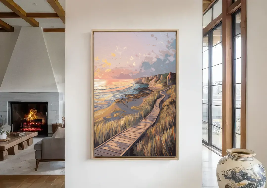 Anchorage Coastal Landscape canvas wall art in a living room with a fireplace