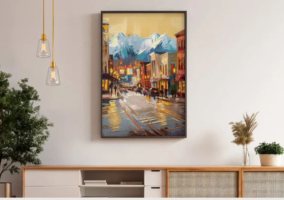 Anchorage Downtown Streets canvas wall art above a wooden sideboard under pendant lights