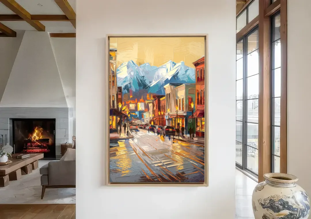 Anchorage Downtown Streets canvas wall art in a living room with a fireplace