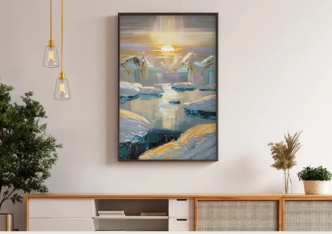 Anchorage Midnight Sun canvas wall art above a wooden sideboard under pendant lights