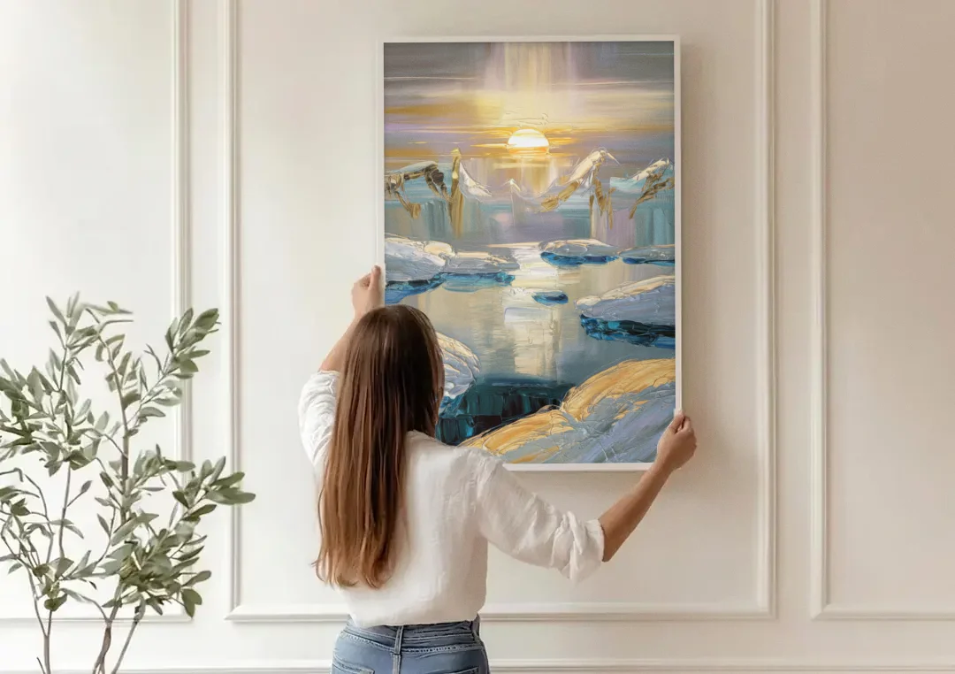 Anchorage Midnight Sun canvas wall art being hung on a paneled wall