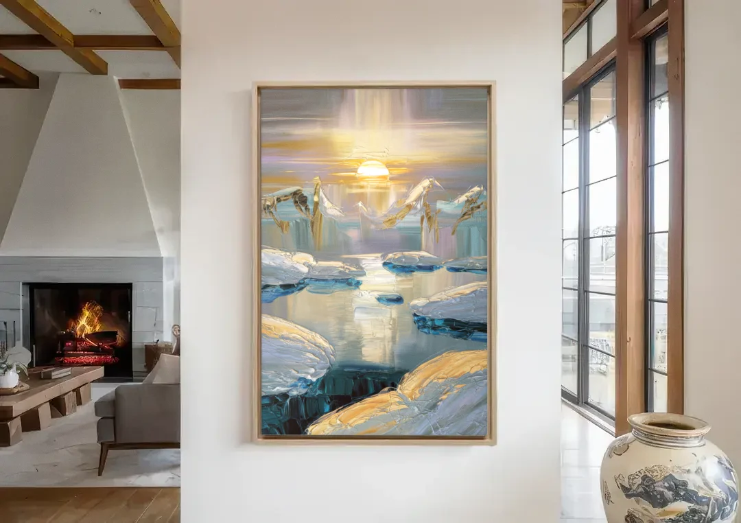 Anchorage Midnight Sun canvas wall art in a living room with a fireplace