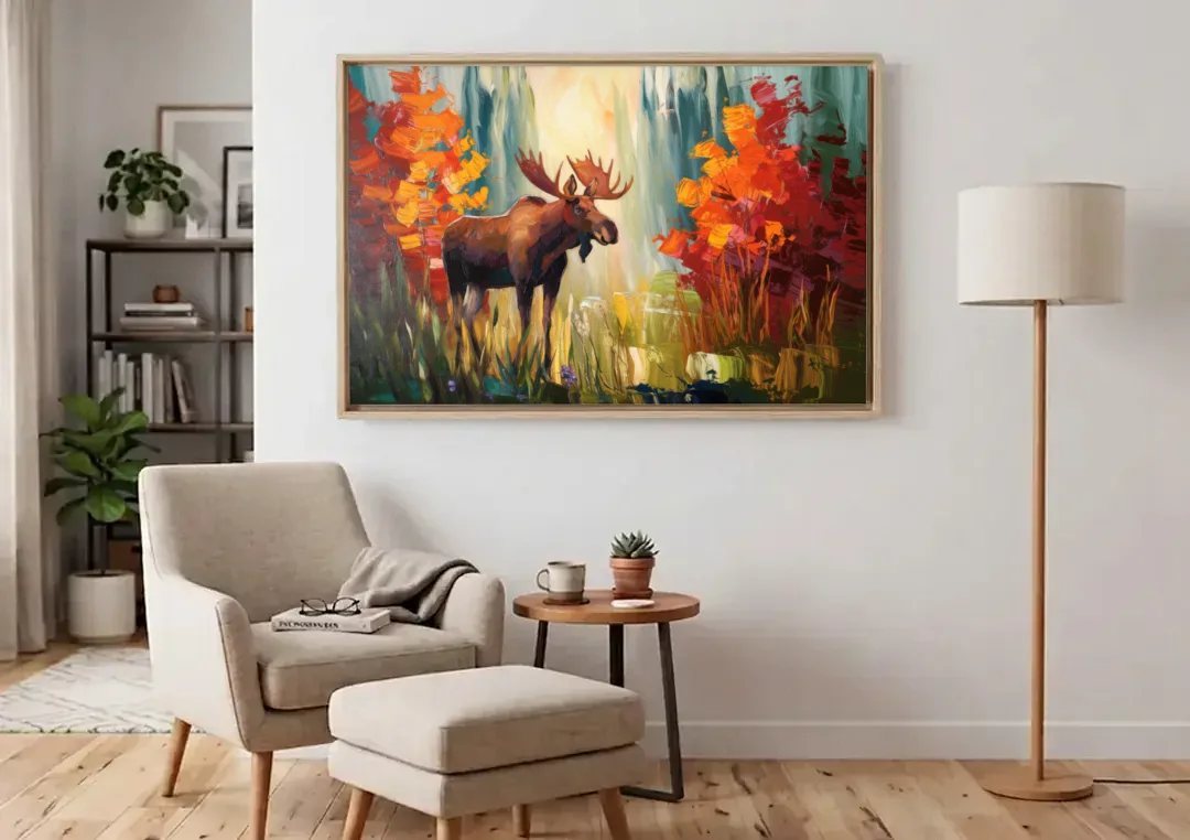 Anchorage Moose In The Wild canvas wall art above an armchair in a bright living room