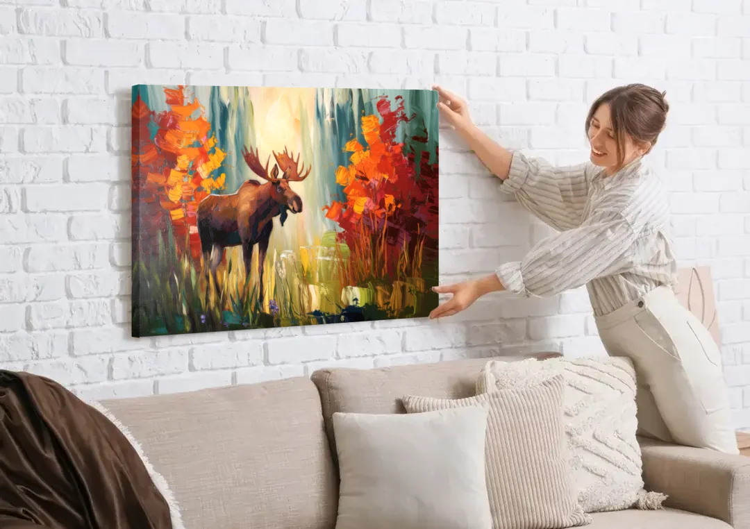 Anchorage Moose In The Wild canvas wall art being hung on a white brick wall above a sofa
