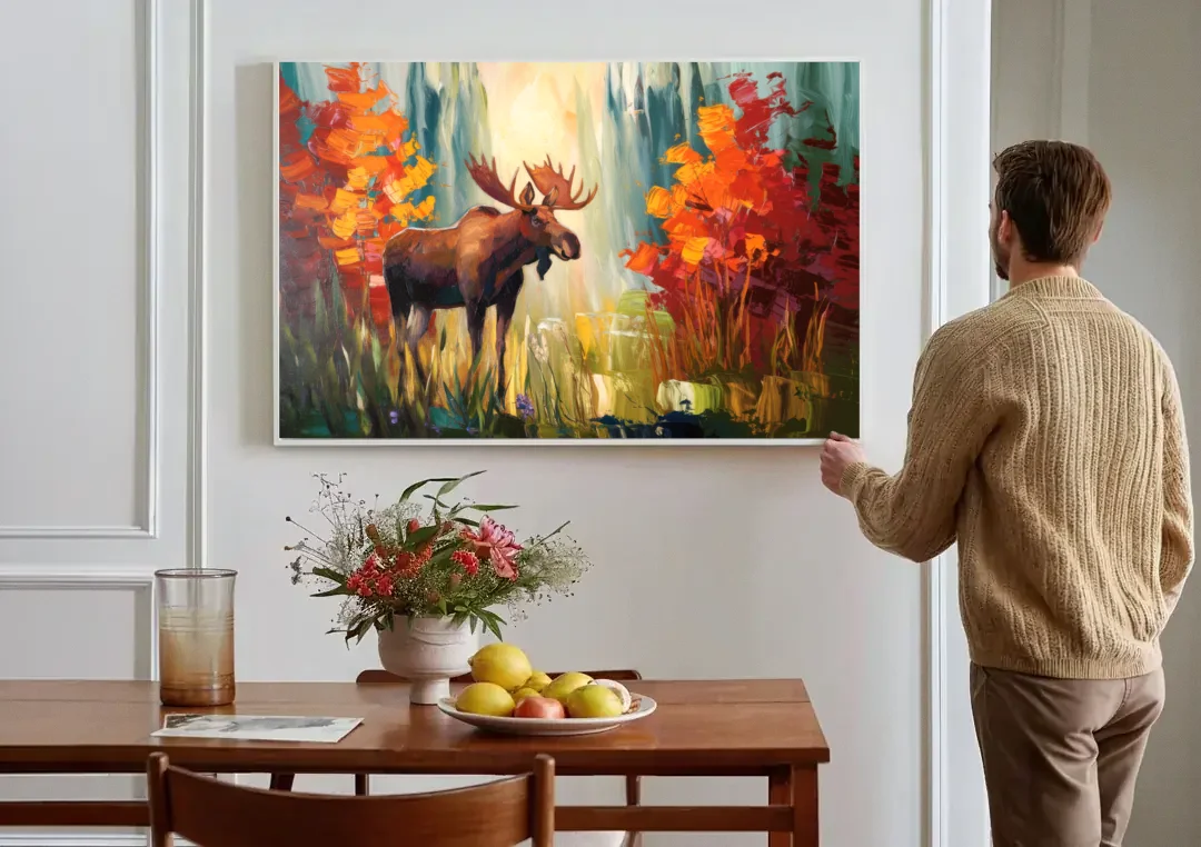 Anchorage Moose In The Wild canvas wall art above a dining table