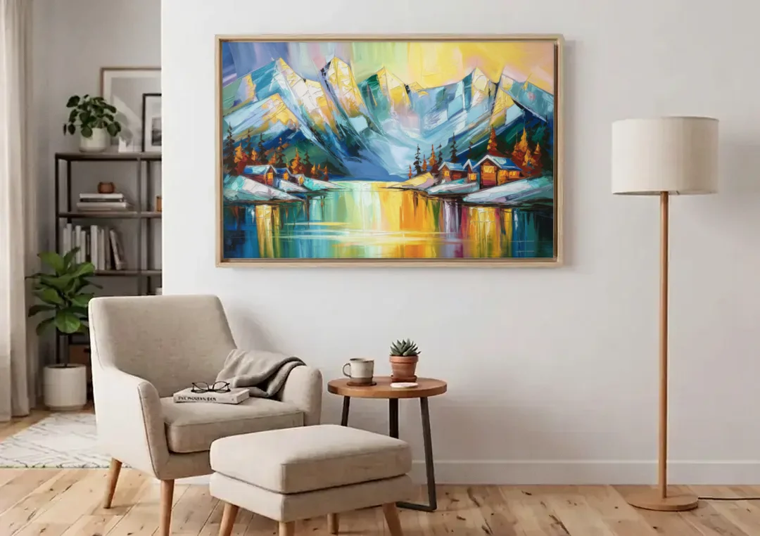 Anchorage Mountain Views canvas wall art above an armchair in a bright living room