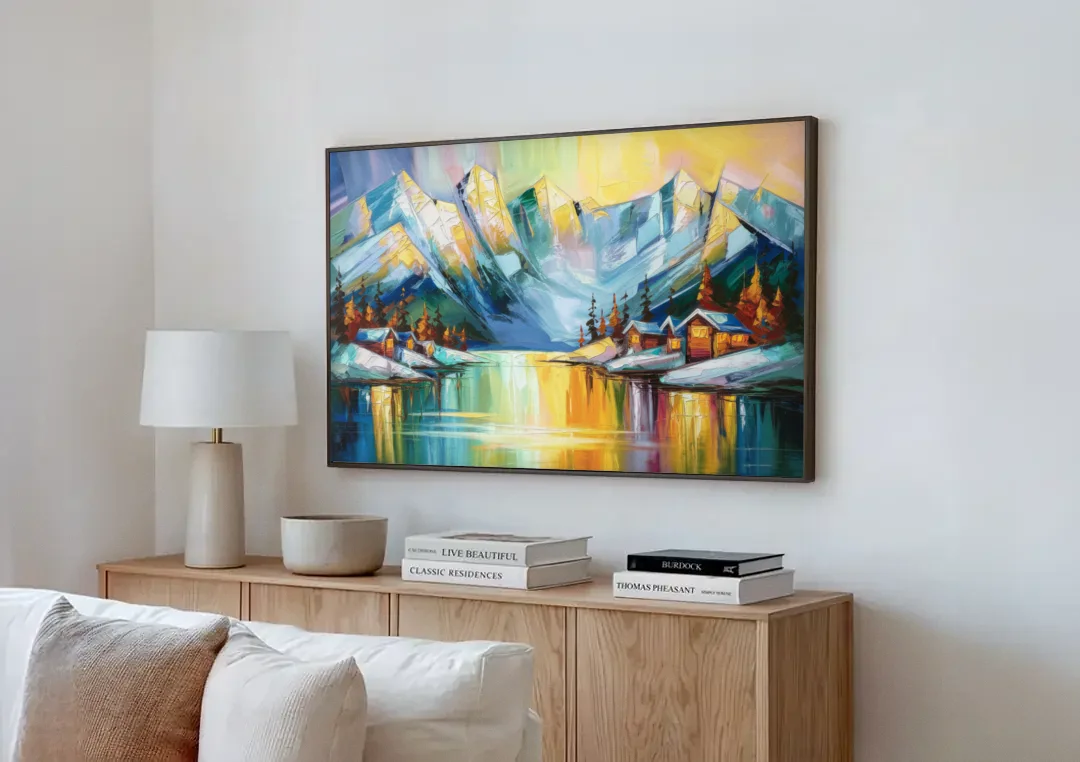 Anchorage Mountain Views canvas wall art above a wooden sideboard next to a sofa