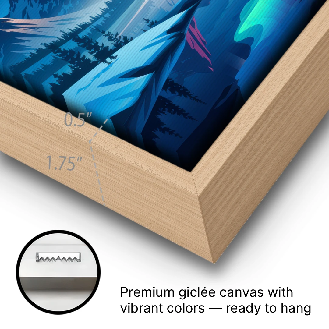 Anchorage Northern Lights Scene - Oak Framed Canvas Wall Art - Gallery Wrap Corner