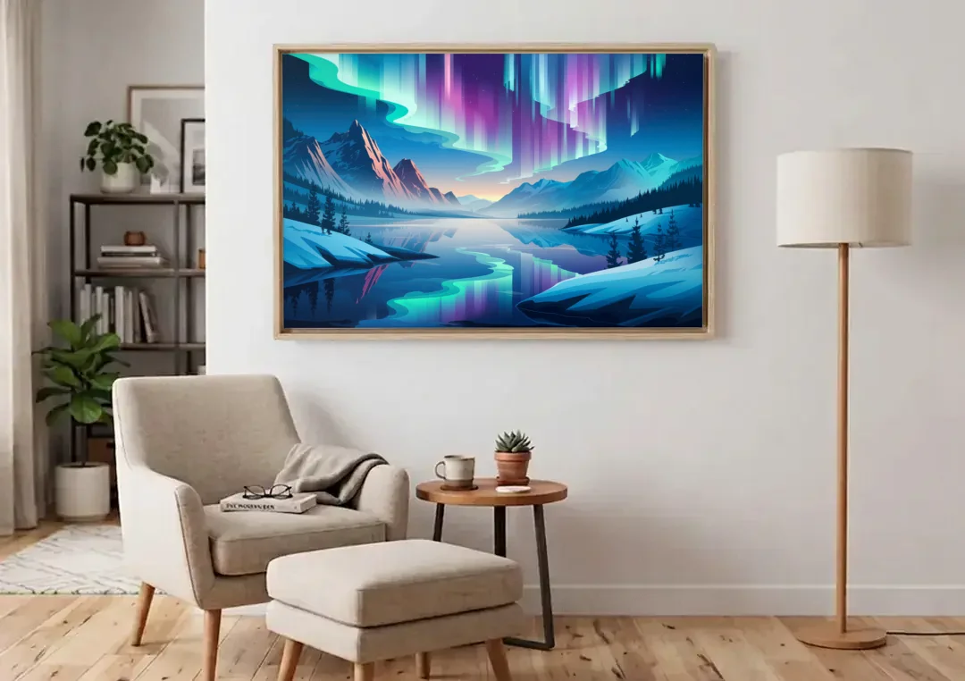 Anchorage Northern Lights Scene canvas wall art above an armchair in a bright living room