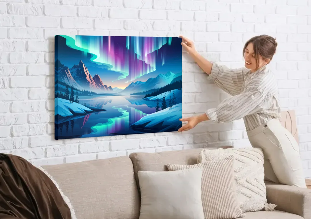 Anchorage Northern Lights Scene canvas wall art being hung on a white brick wall above a sofa