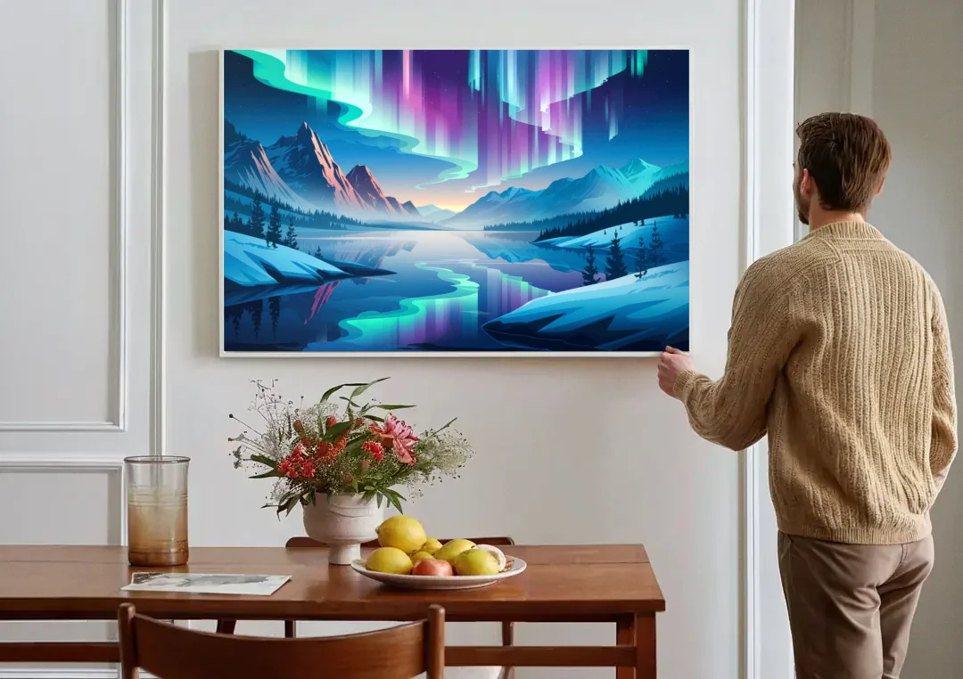 Anchorage Northern Lights Scene canvas wall art above a dining table