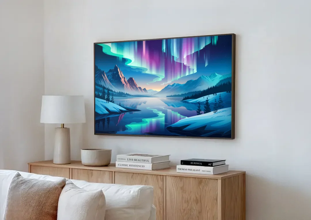 Anchorage Northern Lights Scene canvas wall art above a wooden sideboard next to a sofa