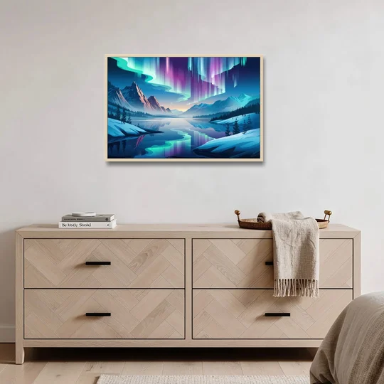 Anchorage Northern Lights Scene - Oak Framed Canvas Wall Art - Coffee Table - 36x24