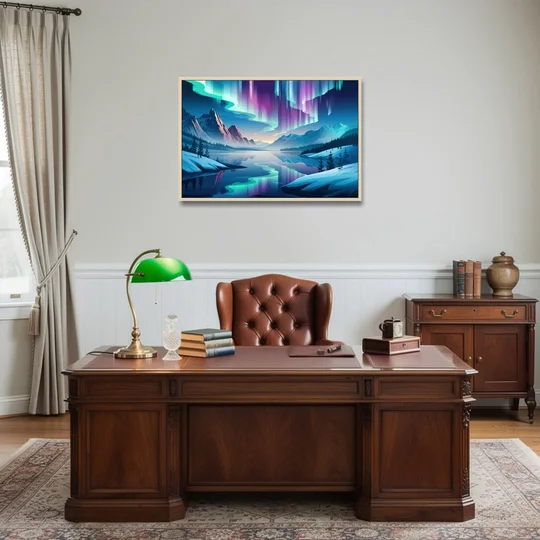 Anchorage Northern Lights Scene - Oak Framed Canvas Wall Art - Office - 36x24