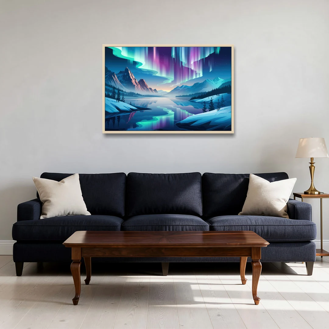Anchorage Northern Lights Scene - Oak Framed Canvas Wall Art - Sofa - 36x24